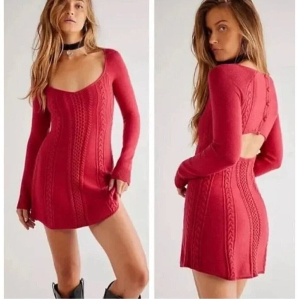 NWT Free People Small World Mini Dress Red Long Sleeve Size L